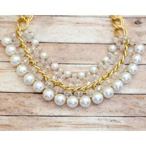 18 inch, Vintage Multi White Faux Pearls Gold Tone Bib Necklace - X25